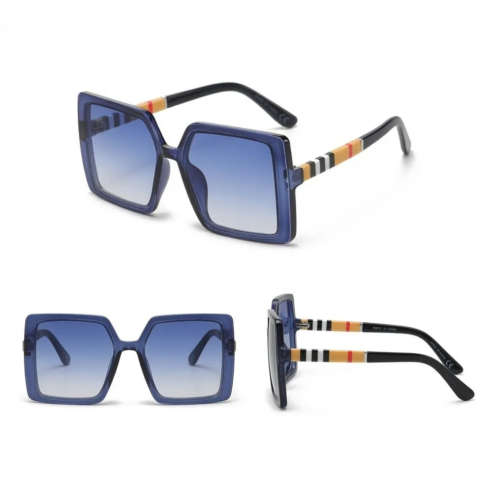 Women Oversized Square Sunglasses Navy Blue Lens Striped Temples Retro Chic 2026